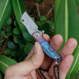Damascus outdoor folding knife portable self-defense titanium handle necklace key chain folding knife